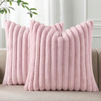 Pallene Faux Fur Plush Throw Pillow Covers 16x16 Set of 2, Luxury Soft Fluffy Striped Decorative Pillow Covers for Sofa, Couch, Living Room, Blush Pink