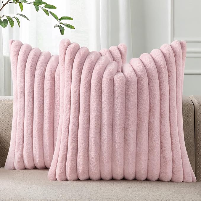Pallene Faux Fur Plush Throw Pillow Covers 16x16 Set of 2, Luxury Soft Fluffy Striped Decorative Pillow Covers for Sofa, Couch, Living Room, Blush Pink