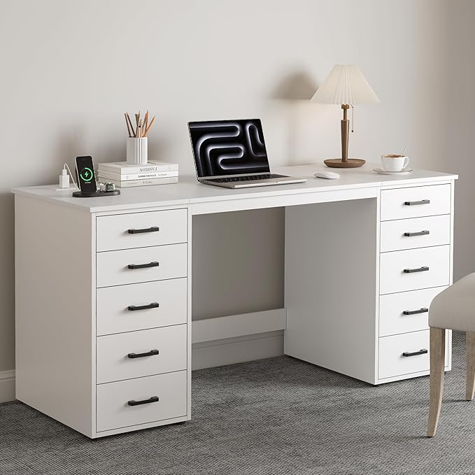 WOPITUES 60" Modern Home Office Desk with 10 Wooden Drawers, Computer Writing Desk with Power Outlets, Large Executive Desk with Storage Cabinet for Work Study Writing Craft, Pure White
