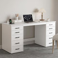 WOPITUES 60" Modern Home Office Desk with 10 Wooden Drawers, Computer Writing Desk with Power Outlets, Large Executive Desk with Storage Cabinet for Work Study Writing Craft, Pure White