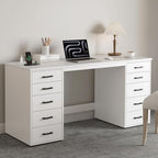 WOPITUES 60" Modern Home Office Desk with 10 Wooden Drawers, Computer Writing Desk with Power Outlets, Large Executive Desk with Storage Cabinet for Work Study Writing Craft, Pure White