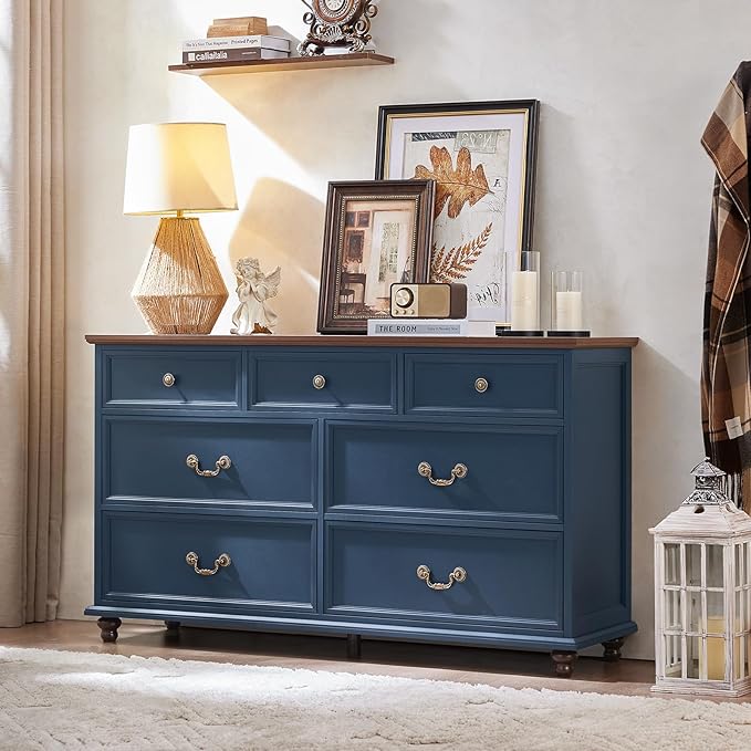 Bedroom Dresser Sets, 54" Wide 7 Drawers Dresser and 45" Tall 5 Drawers Dresser, Wooden 2 Piece Bedroom Furniture Set, Chest of Drawer for Bedroom, Home, Living Room, Hallway, Navy Blue
