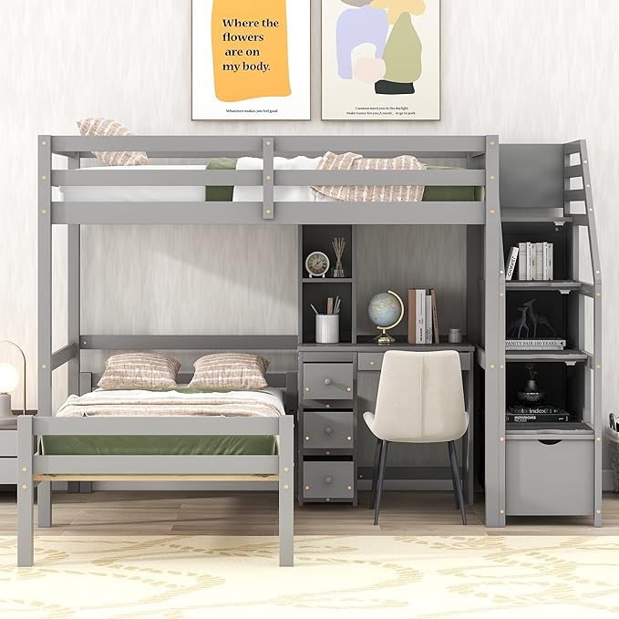 Twin Size Solid Wood Loft Bed with Storage Staircase and Desk, Bedroom Multifunctional Separable Bed Frame w/Shelves & Drawers,No Box Spring Needed,for Adult Kid Boy Girl,Gray