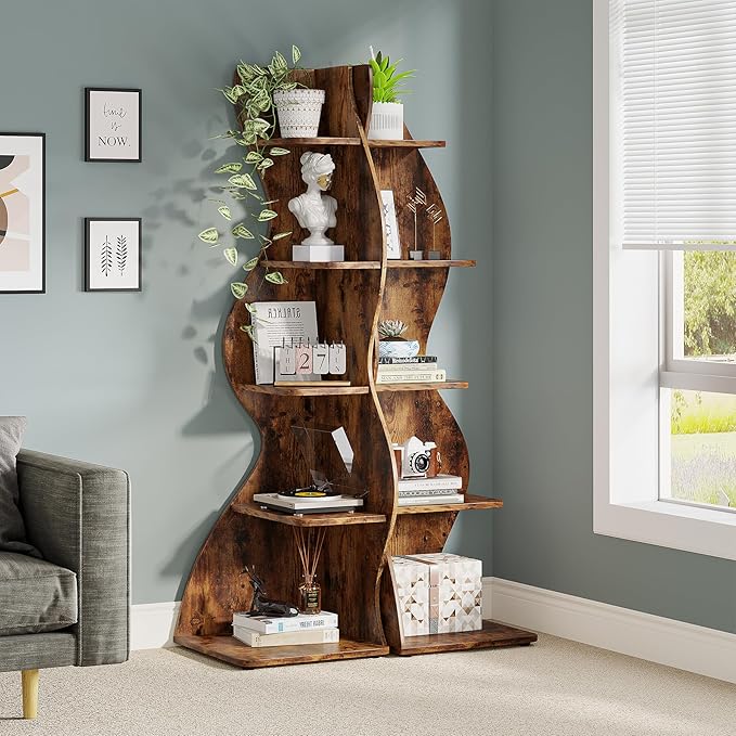 Tribesigns Corner Shelf, Rustic 5-Tier Wall Corner Bookshelf, Stylish Corner Small Bookcase Storage Rack Plant Stand with Unique Shape for Living Room, Home Office (2PCS, Brown)