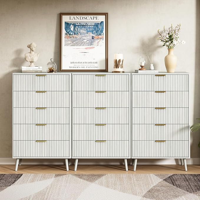 CARPETNAL Fluted 5 Drawers Dresser for Bedroom, 45" Tall Wooden Chest of Drawers with Rounded Corners, Gold Handles, Modern Storage Organizer for Bedroom, Hallway (White)