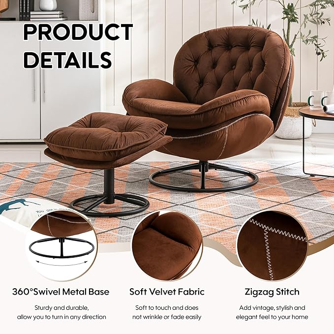 Set of 2 360° Swivel Modern Velvet Accent Chair with Ottoman | Mid-Century Button Tufted Lounge Chair for Living Room & Bedroom, Brown