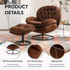 Set of 2 360° Swivel Modern Velvet Accent Chair with Ottoman | Mid-Century Button Tufted Lounge Chair for Living Room & Bedroom, Brown