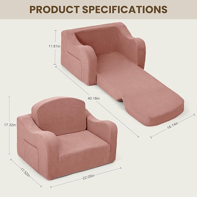 Comfy Toddler Chair for Kids, 2-in-1 Toddler Soft Plush Couch Fold Out, Convertible Kids Couch to Lounger, Baby Sofa for Boys and Girls, Pink