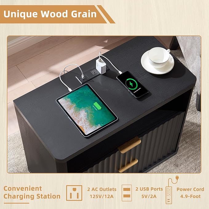 LEYAOYAO 31" Wide Fluted Night Stand Set of 2 with Charging Station, Oversized Extra Large 2 Drawers Nightstand,Black Wood Bedside Table,Tall End Tables,Modern Chest of Drawers Dressers for Bedroom