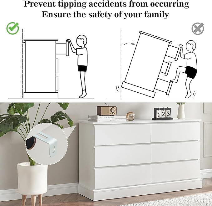 White Bedroom Dresser Modern 6 Drawers Dressers Wood Organizer Wide Dresser & Chest of Drawers Storage for Living Room, Entryway, Hallway