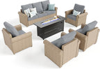 Patio Furniture Set 6 pcs, Wicker Rattan Outdoor Furniture with 5.5” Thick Cushions, 3-Seat Sofa, 4 Chairs and 56" Fire Pit Table, Outdoor Conversation Set for Garden Backyard Deck, 7 Seats Grey