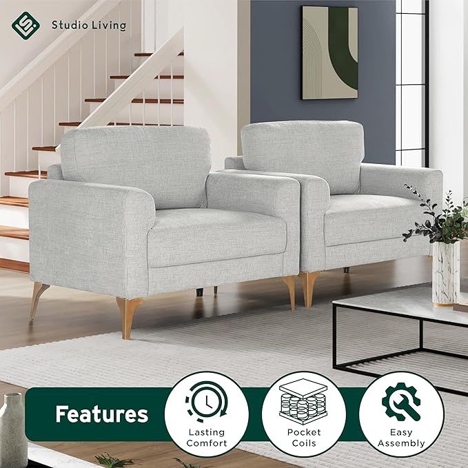 Studio Living® Matthew 39.8" Arm Chair, Mid-Century Modern, Pocket Coil Comfort, Metal Brushed Bronze Legs, Chenille Fabric, Ivory