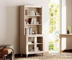 WAMPAT 5 Tier Bookshelf 72" Tall Bookcase with Glass Doors,Large Farmhouse Display Book Shelf with Adjustable Shelves and Storage Cabinet，Library Wood Bookshelves for Living Room,Kitchen, Light Oak