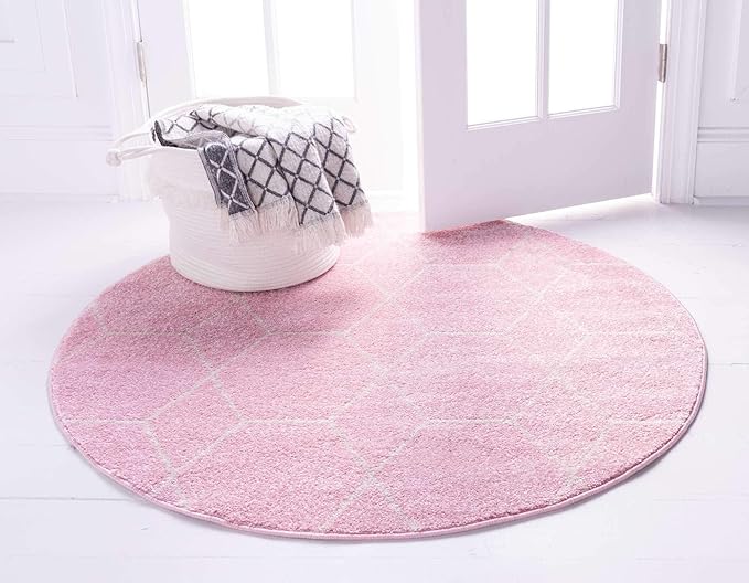 Unique Loom Trellis Frieze Collection Area Rug - Geometric (4' 1" Round, Light Pink/ Ivory)
