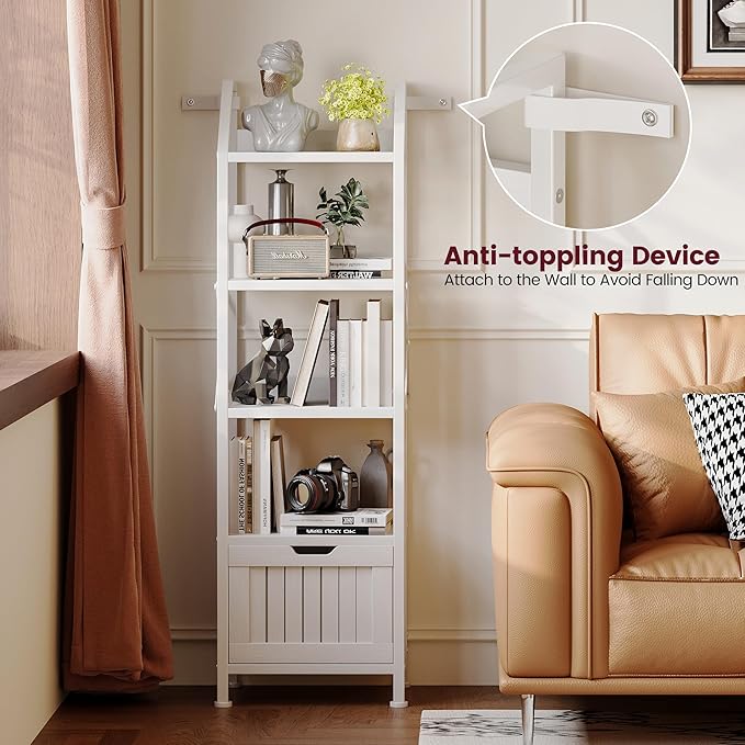 Bathroom Floor Cabinet, 5-Tier Bathroom Storage Organizer Rack with Drawer, Multifunctional Corner Unit, 47.24 Inches in Height, White