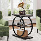 LITTLE TREE 3-Tier End Table Set 2, Grey Side End Table with Storage Shelves, Small Sofa Side Table for Living Room, Slim Nightstand and Bedside Table with Black Double Round Metal Legs
