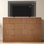 Fluted Dresser for Bedroom with 8 Drawer, 55” Wide Wooden Dresser Mid Century Chest of Drawers w/Gold Handle, Fluted Dressers TV Stand Closet Storage Organizer for Living Room, Natural Oak
