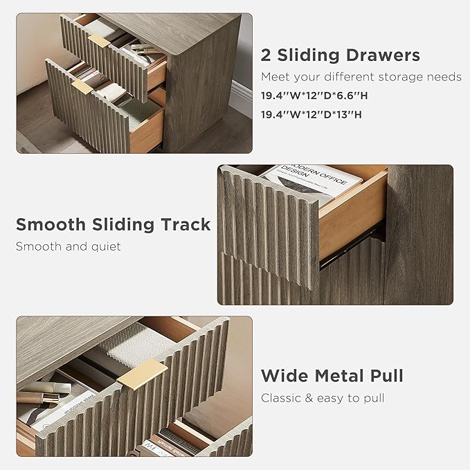 T4TREAM 23'' Fluted Nightstand Set of 2 with Charging Station, Large 2 Drawer Side Table, Modern End Table with Storage, Mid Century Bedside Table for Bedroom, Living Room, Curved Profile, Grey Alder