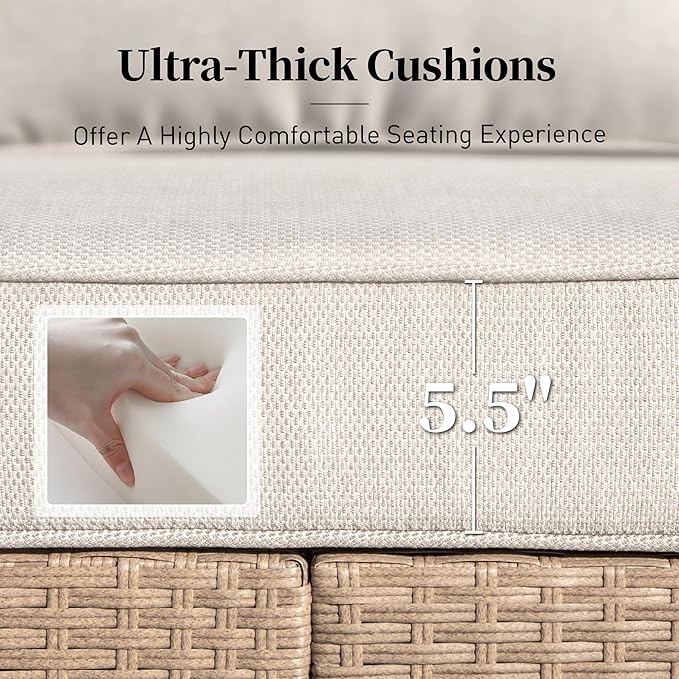 Patio Furniture Set 6 pcs, Wicker Rattan Sofa and Chairs with 5.5" Thick Waterproof Cushions, 56" Fire Pit Table, All Weather Outdoor Conversation Set for Backyard Deck, 7 Seats Beige