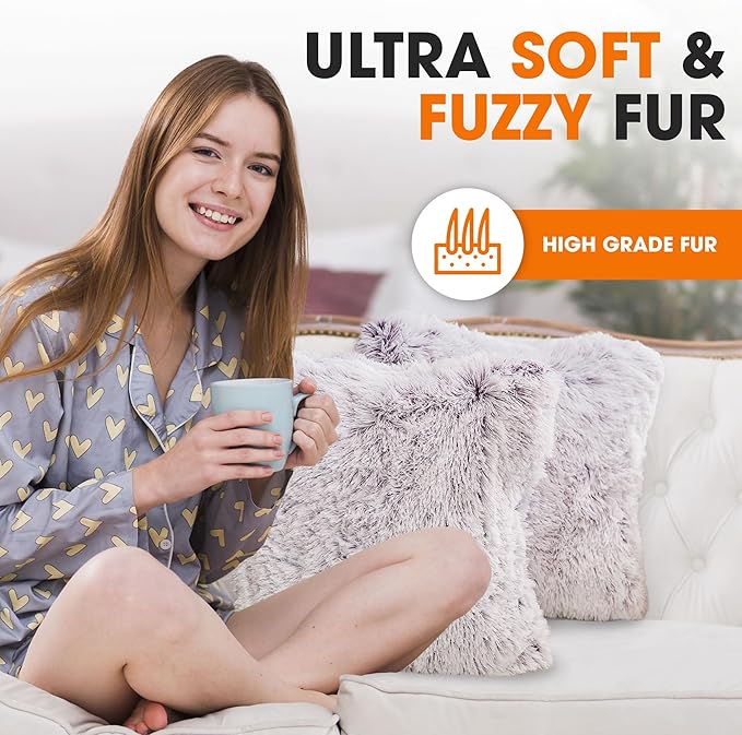 Cheer Collection Throw Pillows for Couch and Bed, Soft Shaggy Throw Pillows with Inserts Included, Cozy Long Hair Faux Fur Pillows - Set of 2-20" x 20" - Purple