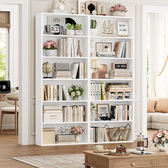 FOTOSOK 70.8" Tall Bookcase Shelf, 6 Tier Wide Bookshelf with Storage, Billy Bookcase Set of 2, Large Bookshelf for Living Room, Home Office, White
