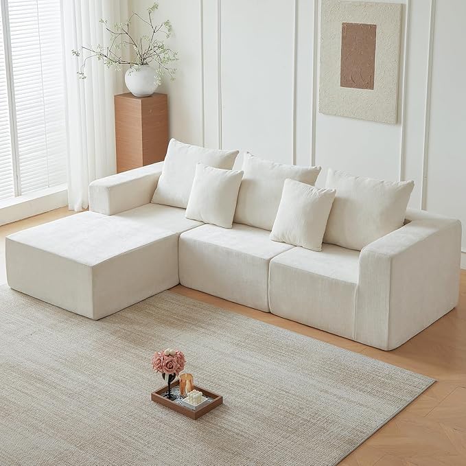 101" Cloud Couch for Bedroom,Boneless Couch with Oversized Chaise,4-Seat Chenille Deep Seat Sofa with 5-Pillows for Living Room,Corduroy Sofa in A Box,Beige