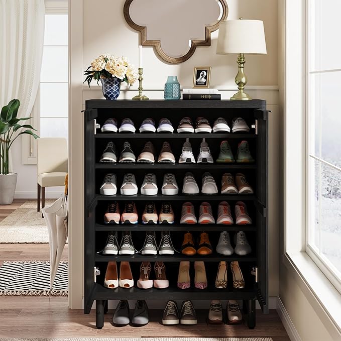 Tribesigns 6-Tier Shoe Cabinet with Shutter Doors, Large Wooden Shoe Organizer Rack with Adjustable Shelves, Modern Farmhouse Hidden Storage Furniture for Entryway, Hallway (Black)