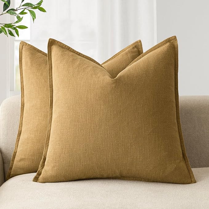 Foindtower Pack of 2, Decorative Linen Soild Throw Pillow Covers Soft Accent Cushion Case Boho Farmhouse Pillowcase for Chair Couch Sofa Bedroom Living Room Home Decor 18 x 18 Inch Honey Mustard