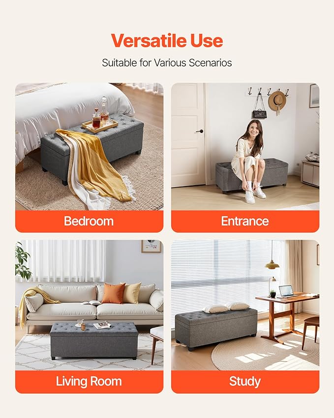 VEVOR Storage Ottoman Bench, End of Bed Bench with 2 Side Bags, Fabric Upholstered with Metal Frame, Toy Box Storage, Bed Benches for Foot of Bed, Bench for Entryway, Living Room, Playroom, Gray