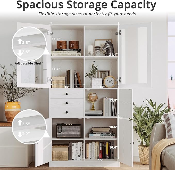 IRONCK Bookcase with Doors, Bookcases and Bookshelves with Drawers, 5 Tier Book Shelf with Acrylic Doors, Display Shelf for Living Room, Home Office, Study, White