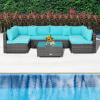 Tangkula 7 Pieces Patio Furniture Set, Patiojoy All-Weather Outdoor Rattan Sectional Sofa Set with Cushions and Tempered Glass Coffee Table, for Garden, Lawn, Backyard (Turquoise)