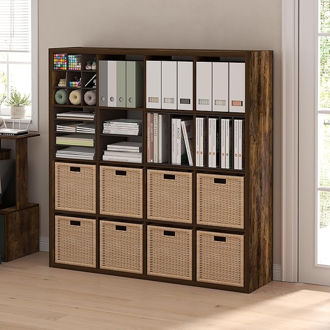 Furinno Cubicle Book Shelf, 16-Cube Thick Frame Bookshelf, Reversible Bookcase with Open Back, 14.6 x 57.8 x 58, for Living Room, Bedroom, Home Office, Amber Pine
