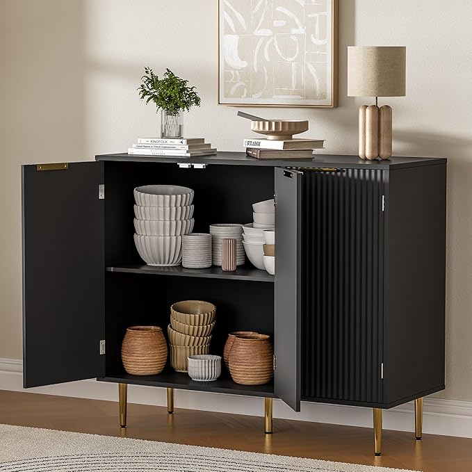 Fluted Sideboard Buffet with 3 Doors, Modern Accent Cabinet with Adjustable Shelves, Kitchen Storage Cabinet with Golden Handles, Coffee Bar for Kitchen, Living Room, Black