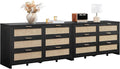 SICOTAS Rattan Dresser for Bedroom, 56.9" Wide 6 Drawer Dresser with Ample Storage, Wooden Dressers Large Chest of Drawers, Closet, Boho TV Stand for Bedroom (Black Oak, 2 Pieces)