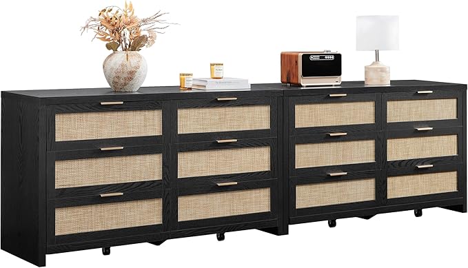 SICOTAS Rattan Dresser for Bedroom, 56.9" Wide 6 Drawer Dresser with Ample Storage, Wooden Dressers Large Chest of Drawers, Closet, Boho TV Stand for Bedroom (Black Oak, 2 Pieces)