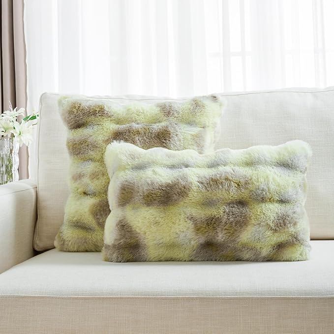 FUTEI Green White Decorative Throw Pillow Covers 12x20 Inch Set of 2,Soft Fuzzy Faux Rabbit Fur Pillow Case with Raised Texture,Neutral Boho Home Decor for Couch Bed Living Room