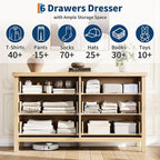 GarveeHome Fluted 6 Drawer Dresser for Bedroom, 47.4 in Wide Mid Century Modern Chest of Drawers, Wooden Fluted Dresser Chest with Clothes Storage Cabinet, Drawer Organizer for Living Room, Natural