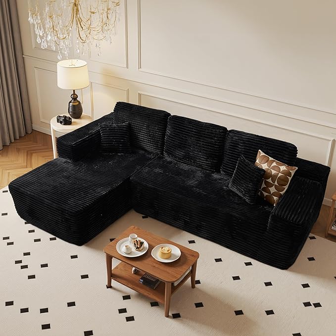 104" Cloud Sectional Couch with Chaise, Boneless L-Shaped Cloud Couch with Deep Seat, Soft Plush Modern Minimalist Sofa, Assembly Free Comfy Sofa for Office Living Room Apartment(Black, Left Chaise)