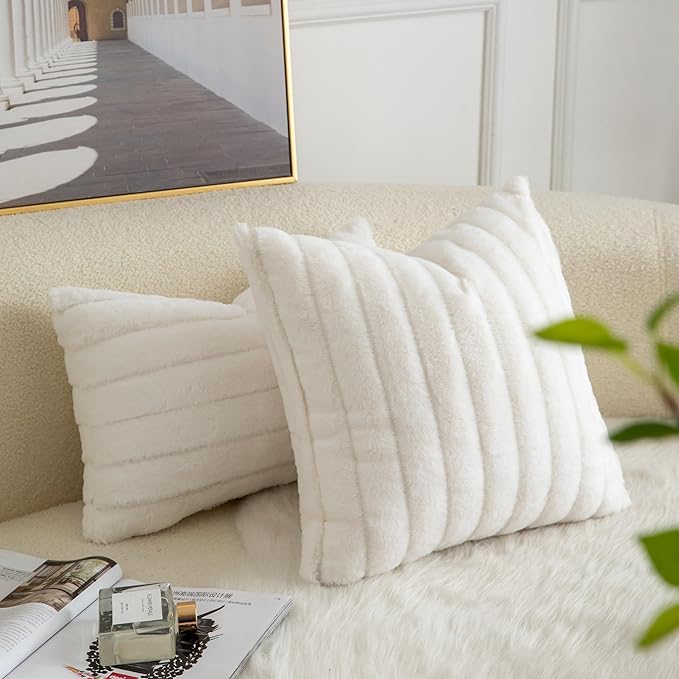 Pack of 2 Faux Fur Throw Pillow Covers 18x18 Inch Striped Decorative Soft Plush Couch Pillow Case Home Decor for Bed, Sofa, Living Room Cream White