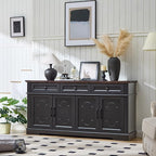 63" Black Buffet Sideboard Cabinet with 4 Doors and 3 Drawers, Modern Farmhouse Kitchen Storage Cabinet, Coffee Bar Cabinet with Adjustable Shelves, Kitchen Living Room Storage, Dining Room