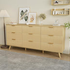 63" Long 9 Drawer Dresser for Bedroom, Modern Chest with Fluted Detailing, Light Wood Boho Dresser and TV Stand, Stylish Storage Organizer for Living Room, Hallway, or Closet, Light Wood