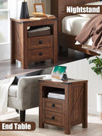 T4TREAM Nightstand with Charging Station, End Table, Side Table with 2 Drawers Storage Cabinet for Bedroom, Living Room, Farmhouse Design, Wood Rustic, Reclaimed Barnwood