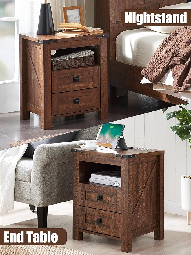 T4TREAM Nightstand with Charging Station, End Table, Side Table with 2 Drawers Storage Cabinet for Bedroom, Living Room, Farmhouse Design, Wood Rustic, Reclaimed Barnwood