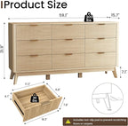 SUNWAVE Fluted 9 Drawer Dresser for Bedroom, 59.1" Wide Modern Large Dresser with Round Corner, Wood Drawer TV Stand for Living Room