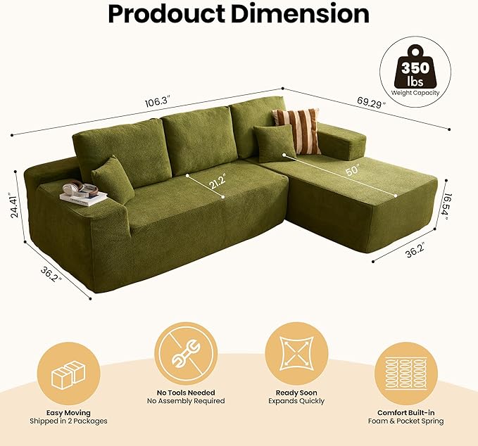 104" Cloud Sectional Couch with Chaise, Boneless L-Shaped Cloud Couch with Deep Seat, Modern Minimalist Sofa, Assembly Free Comfy Sofa for Office Living Room Study Room Apartment(Green, Right Chaise)