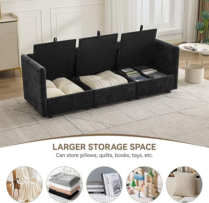 80" Cloud Modular 3 Seater Sofa with Storage, Modern Upholstered Storage Sofa Couch Deep Seat, Sectional Sofa Chenille Comfy Couch with Armrests for Living Room, Small Space, Black