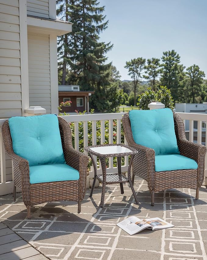 Patio Wicker Chairs Outdoor Furniture Chair - Set of 2 Outside All Weather Lawn Dining Brown Rattan Armchair with High Back&Deep Seating for Deck Porch Balcony Backyard Garden - Turqoise