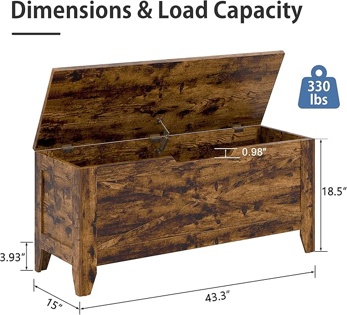 VECELO 43.3" Storage Bench, Entryway Shoe Ottoman, Farmhouse Style Bench with Handwoven Cushion and Metal Safety Hinges, for Bedroom, Living Room, Entryway, Brown