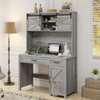Farmhouse 47" Executive Computer Desk with 2 Drawers and Storage Cabinet, Home Office Desk with Hutch and Charging Station, Workspace for Work and Study (Grey).