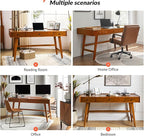 HULALA HOME Home Office Desk with 3 Drawers & Solid Wood Legs, Writing Table with Charging Station & Cable Management, Mid Century Modern Desk for Bedroom/Living Room/Study/Workstation, Acorn